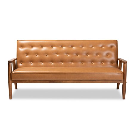 Baxton Studio Sorrento Mid-Century Modern Tan Faux Leather and Walnut Brown Finished Wood Sofa 175-10979-Zoro